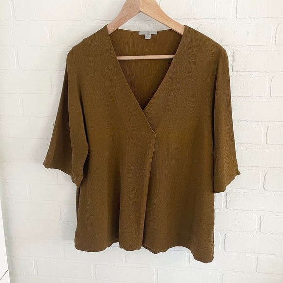 COS Blouse Half sleeve Ribbed Faux wrap Maroon/Green/Ocre Lagenlook V neck Sz L - Picture 2 of 14